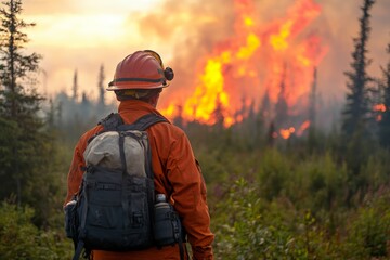 Firefighter observes a raging forest fire in the wilderness during a late afternoon