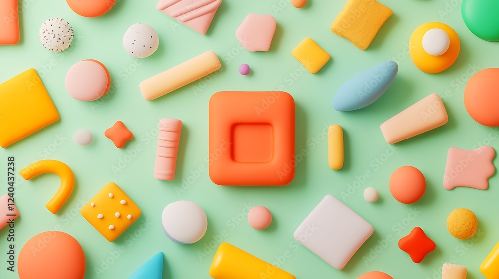 Poster colorful abstract composition of various geometric shapes on a soft green background for creative pr
