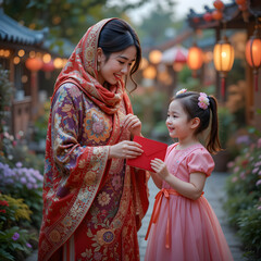 Excited Young Girl Holding Eid Gift in Islamic Decorated Living Room Celebrating Islamic Festival with Family