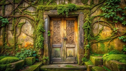 Ancient Carved Wooden Doorway Concealed Within a Lush, Mossy Stone Wall