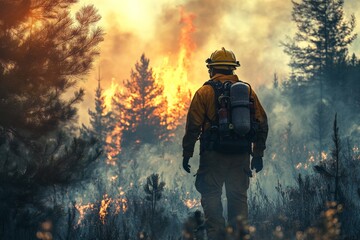 Naklejka premium Firefighter monitors wildfire activity as flames engulf forest during dry season