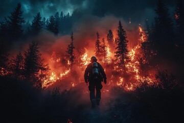 Fototapeta premium Firefighter battling a raging forest fire in a rugged landscape at dusk