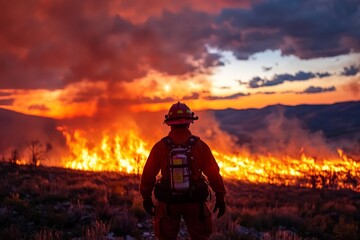 Firefighter watches a wildfire spread during sunset in a mountainous region