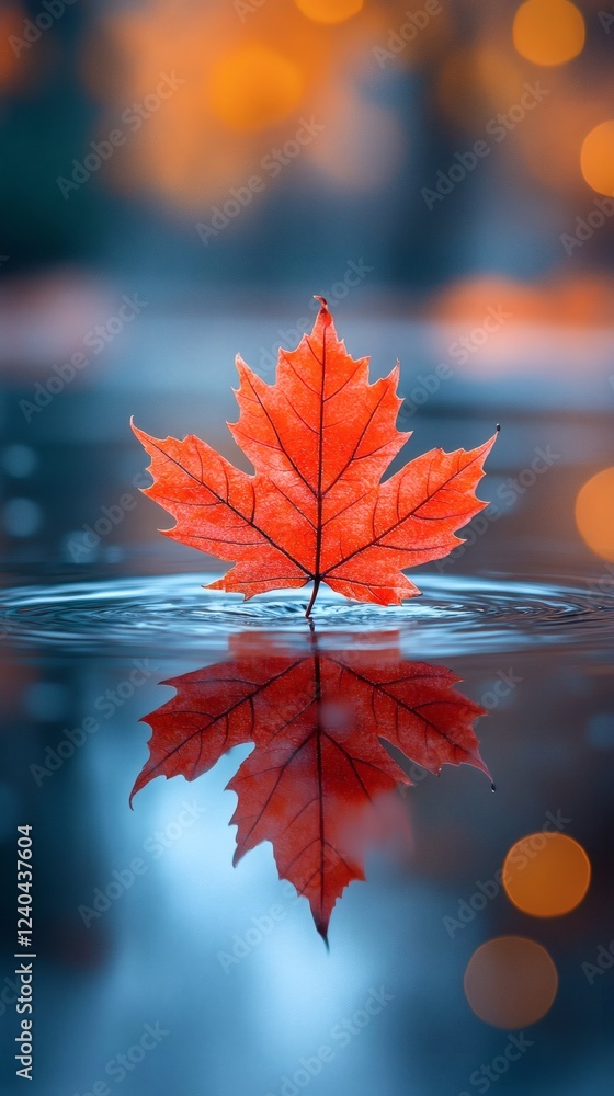 Poster vibrant red maple leaf floats on a glassy water surface reflecting perfectly golden bokeh highlights