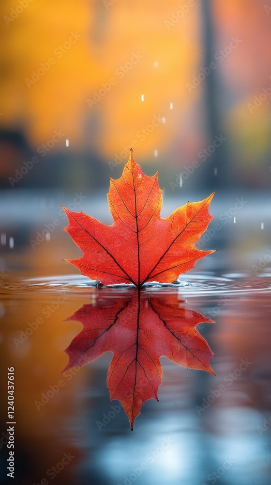 Poster vibrant red maple leaf floats on a glassy water surface reflecting perfectly golden bokeh highlights