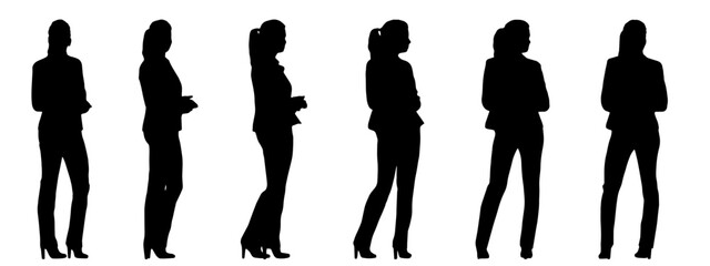 Vector concept conceptual black silhouette of a businesswoman from different perspectives isolated on white background. A metaphor for success, education, business, confidence, leadership and vision