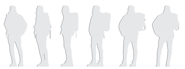 Vector concept conceptual gray paper cut silhouette of a young man with a backpack standing from different perspectives isolated on white background. A metaphor for travel, adventure, relaxation and l