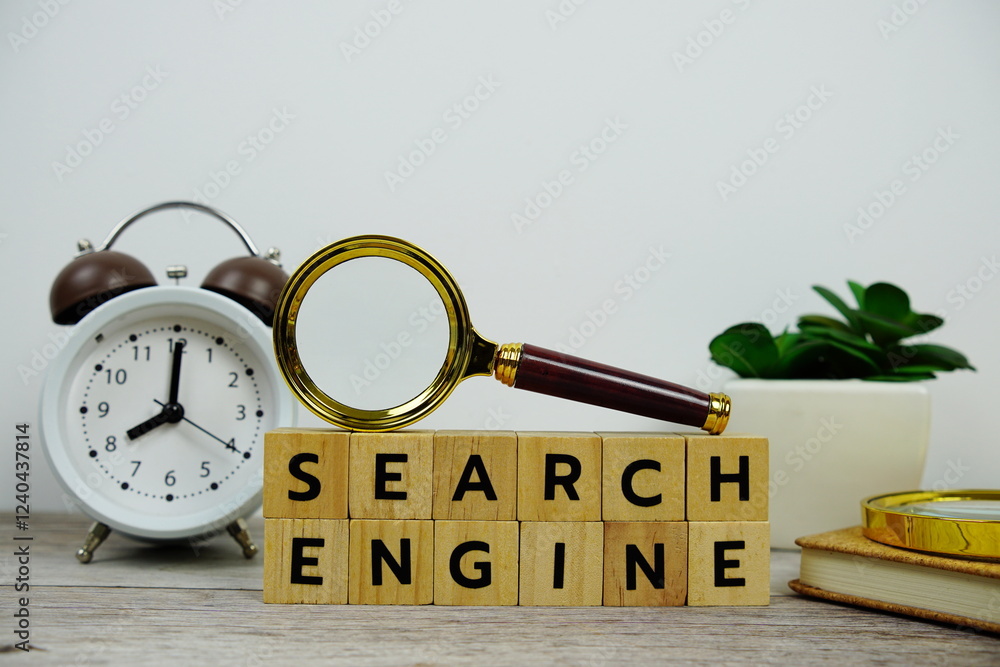 Poster magnifying glass and alarm clock with wooden blocks alphabet letters search engine text message on y