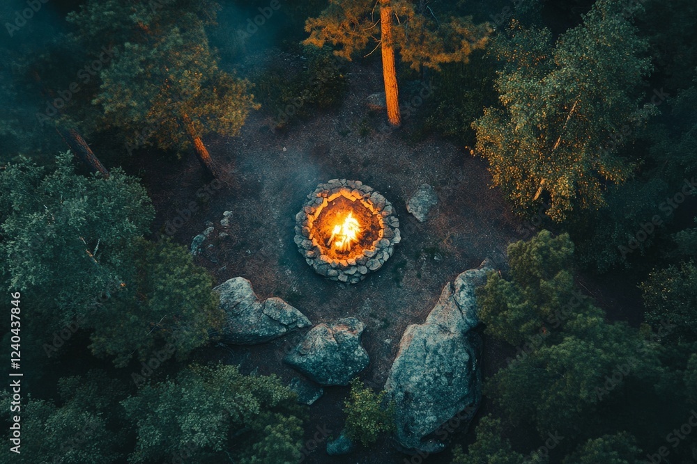 Poster campfire warmth and tranquility surrounded by tall trees and rocks in a serene forest setting