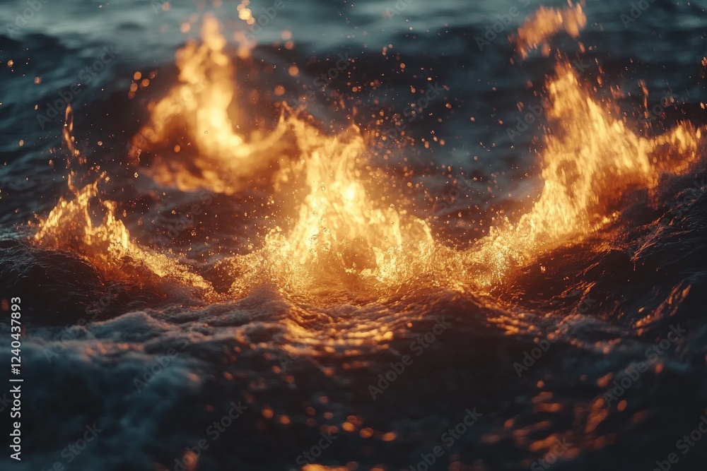 Poster flames dance on the surface of the ocean under a twilight sky, creating a mesmerizing spectacle of l