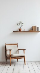 23. A simple, clean room with wooden furniture, including a wooden armchair and shelf, set against white walls