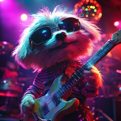 Vibrant scene with cartoon puppy resembling the puppy Gees wearing striped shirts and sunglasses playing guitars energetically on stage with a glittering disco ball reflecting colorful lights