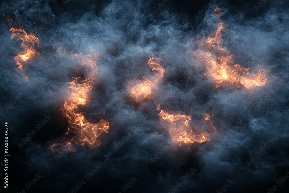 Poster dynamic flames emerge from dark smoke creating a dramatic visual effect in a dark background scene