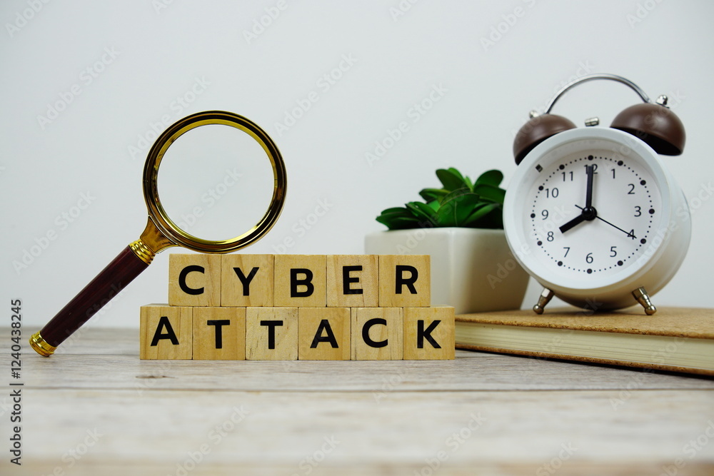 Poster magnifying glass and alarm clock with wooden blocks alphabet letters cyber attack text message on wo
