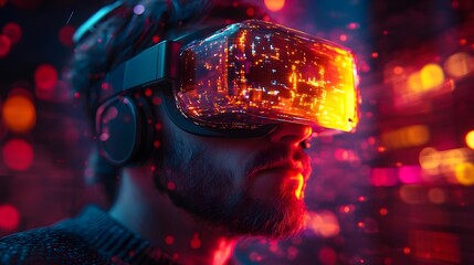 Isometric Representation of a Man in Goggle Headset Engaging with an Immersive Virtual Reality Interface in a Futuristic Digital Realm