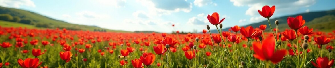 Fototapeta premium A field of Red Turk's cap flowers in full bloom under a sunny sky, flowers, bloom