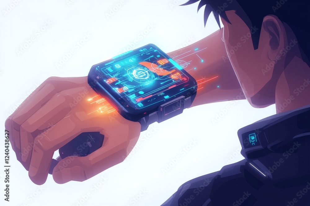 Poster futuristic smartwatch display with holographic interface on wrist during a digital interaction