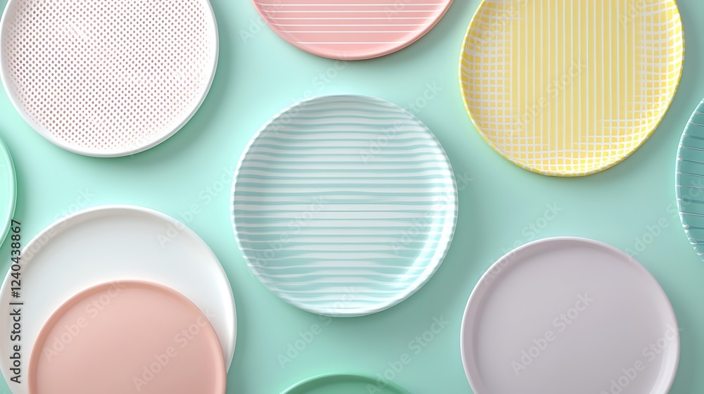 Poster colorful and stylish plates with various patterns on a mint background for modern table setting and 