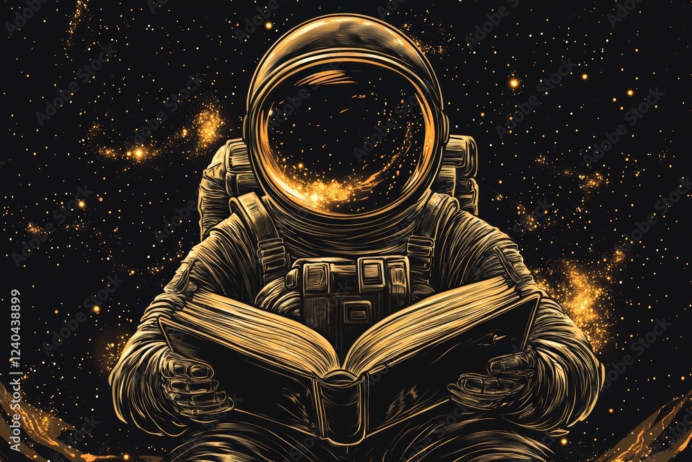 Aufkleber astronaut reading a glowing book in outer space surrounded by stars and galaxies