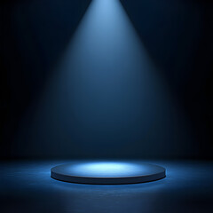 Minimalist Blue Circular Podium with Spotlights in a Dimly Lit Room, Creating an Abstract 3D Presentation Scene for Product Showcases, Luxury Displays, and Events