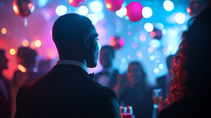 Elegant corporate celebration with a confident business man in a tuxedo standing in a glamorous event with vibrant lights social networking success and leadership in a luxury business setting