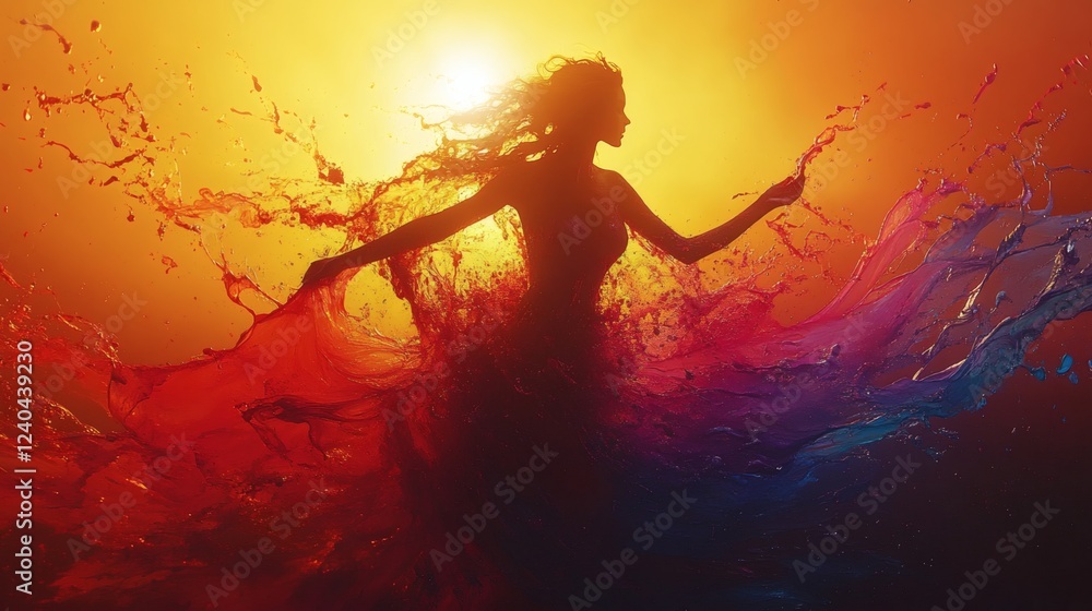 Aufkleber visually stunning rendering of a painter splashing vibrant paint creating an intricate female shape 