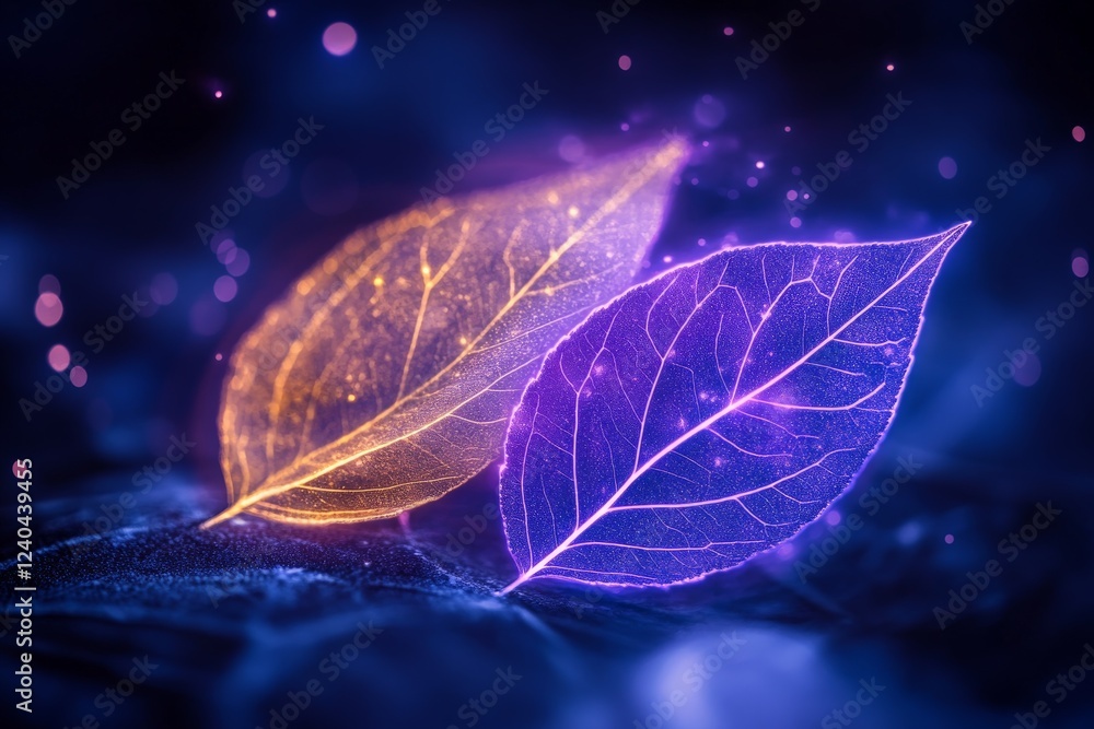 Poster Leaves illuminated in vibrant colors with a dreamy glow in a mystical forest setting during twilight