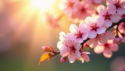 Obraz premium Cherry blossom branches sway gently under warm sunshine, scenery, flowers, warmth