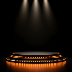 Dark Golden Stage Podium with Elegant Spotlights and Circular Platform, Offering a Sophisticated Display for Product Presentations, Luxury Showrooms, and Event Scenes