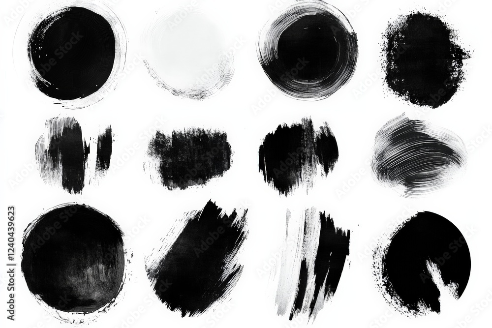 Poster black and white artistic brush strokes arranged in a creative pattern on canvas surface