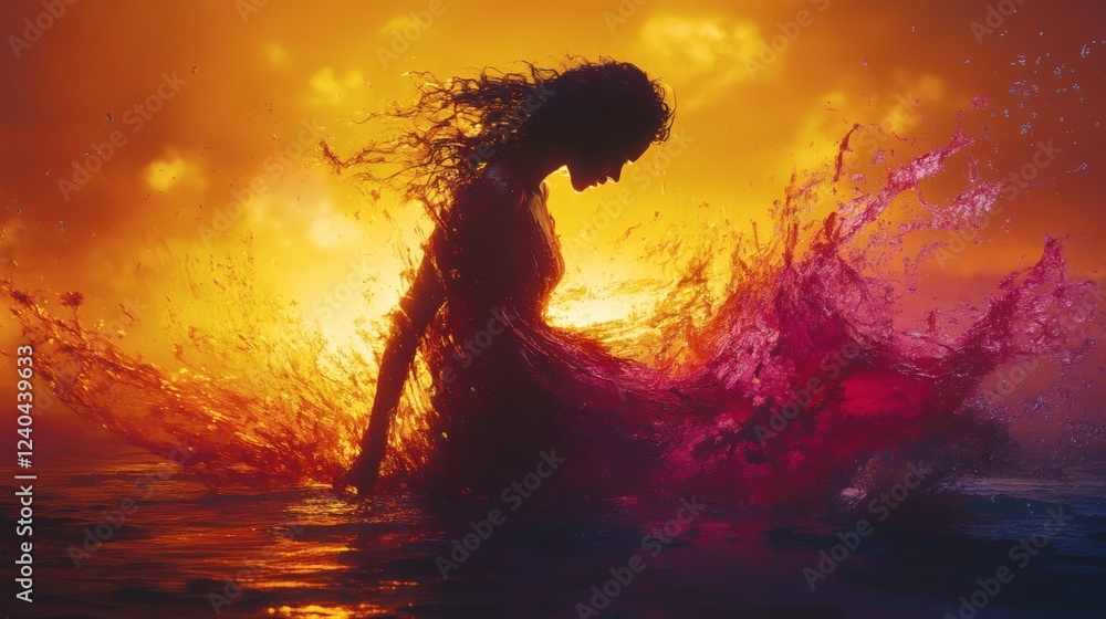 Poster visually stunning rendering of a painter splashing vibrant paint creating an intricate female shape 