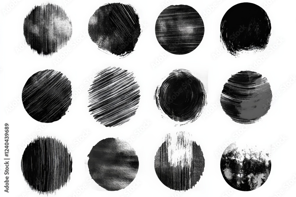 Aufkleber Abstract black and white circular patterns showcasing various brushstroke techniques and textures in a grid format