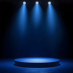 Circular Blue Stage Podium in a Dimly Lit Room with Abstract Neon Spotlights, Perfect for Product Showcase, Presentation Display, and High-End Luxury Event Backgrounds