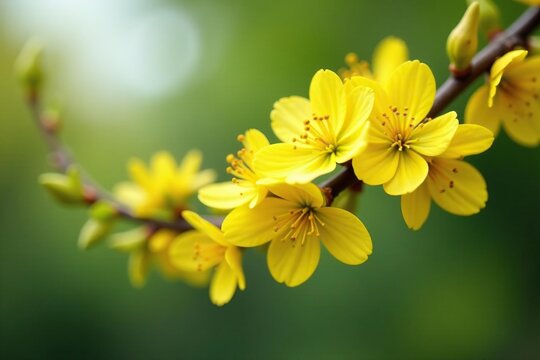 Tree branch with blooming flowers in shades of yellow, tree, flowers, stem