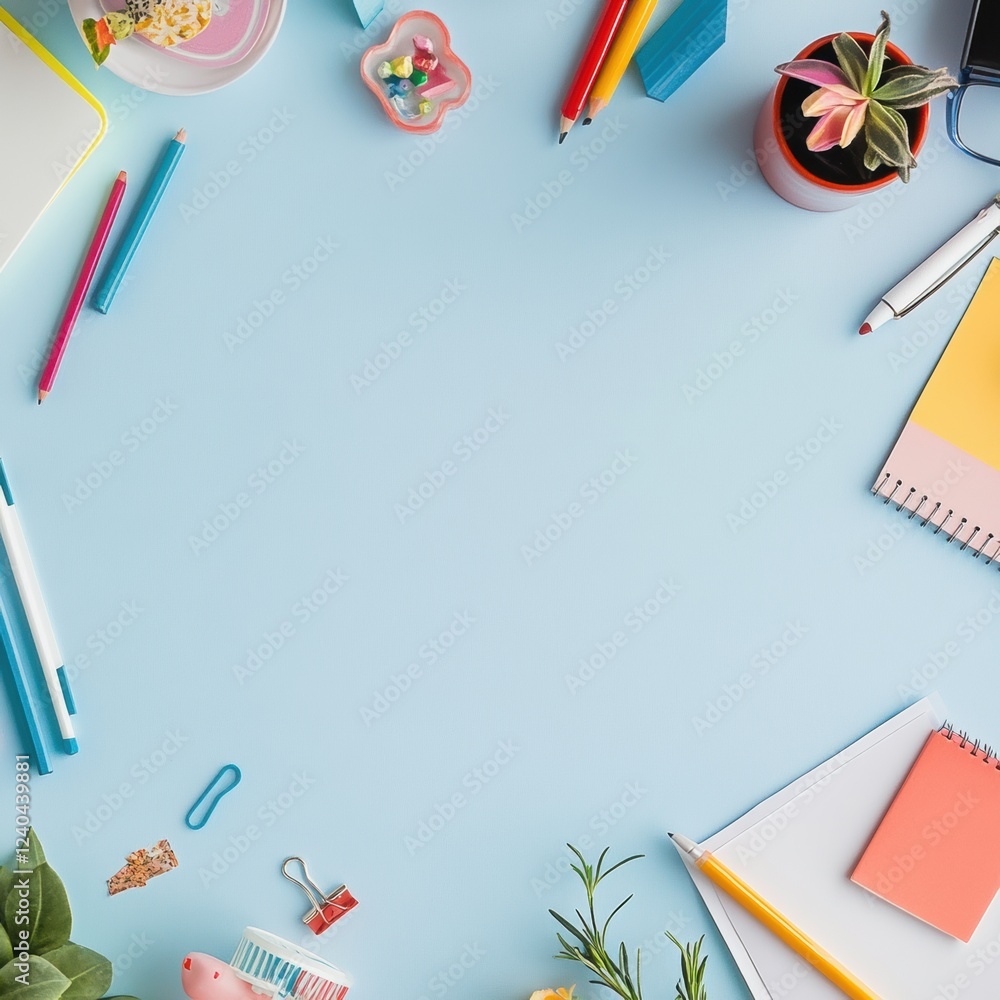 Poster creative workspace with colorful stationery and decorative elements inviting inspiration for project