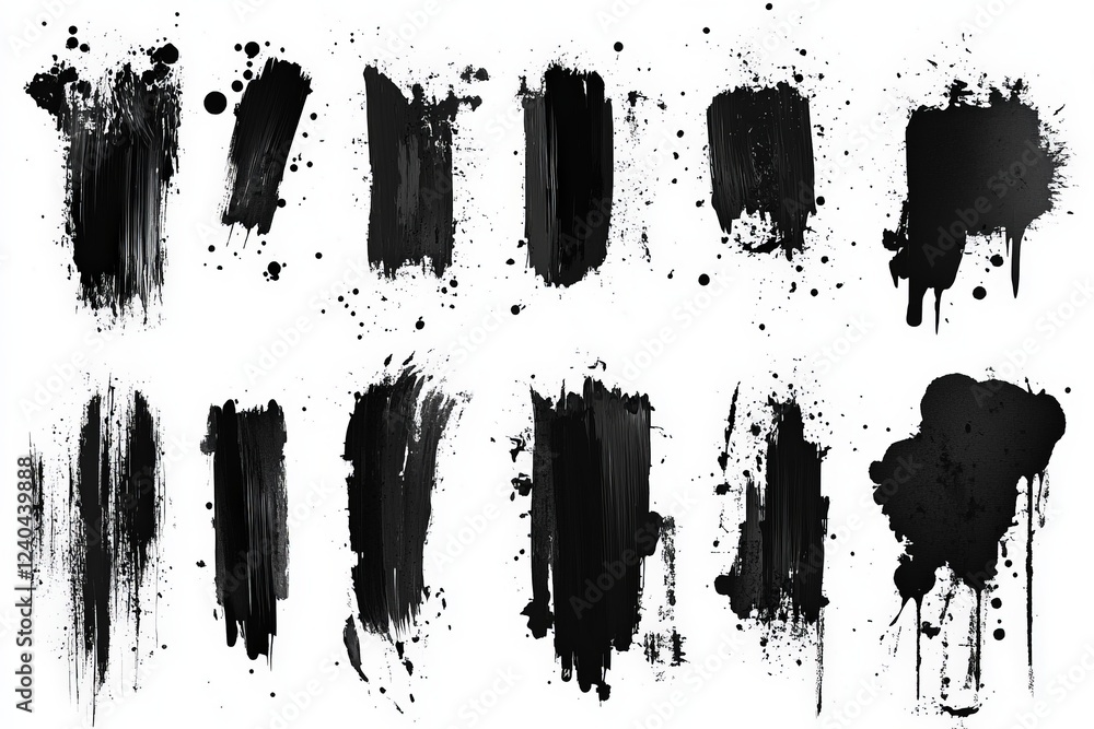 Poster Collection of black paint strokes and splatters on a white background showcasing various artistic styles and textures