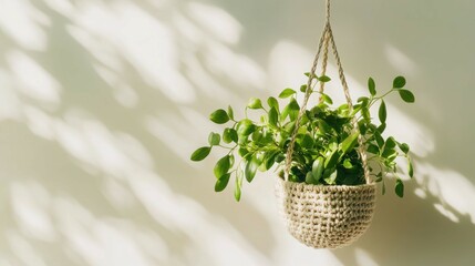 A stylish crochet plant hanger holding a lush green plant, hung against a light, airy background with soft shadows creating depth.