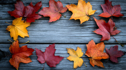 Colorful Autumn Leaves Arranged on Rustic Wooden Surface