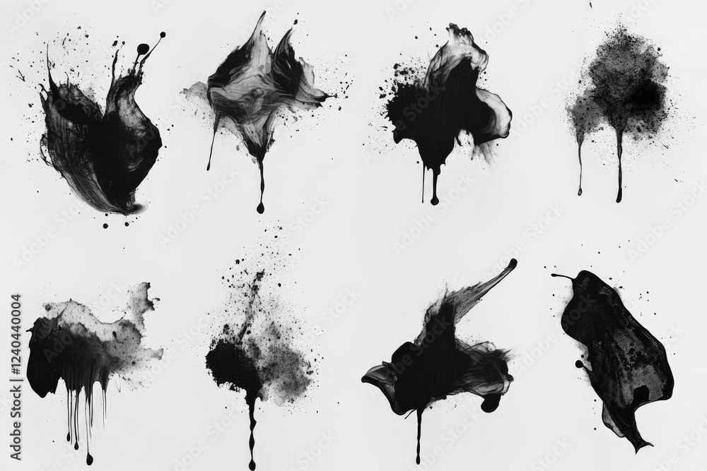 Poster Dynamic black ink splashes create abstract patterns on a white background in this expressive art composition
