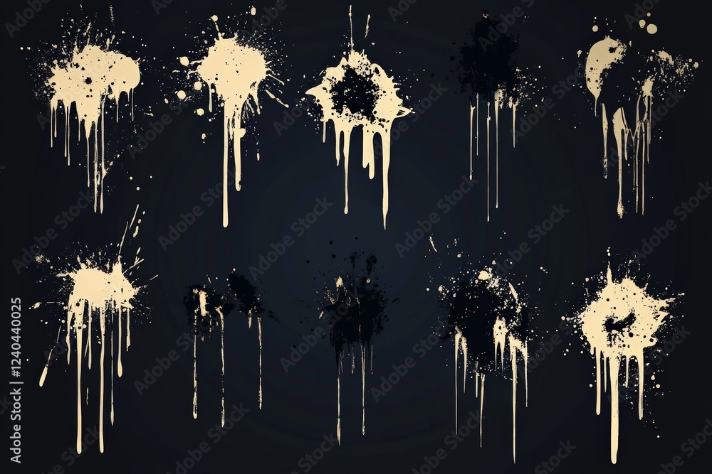 Aufkleber splatter patterns showcasing creative design elements in various shades of gold and black on a dark 