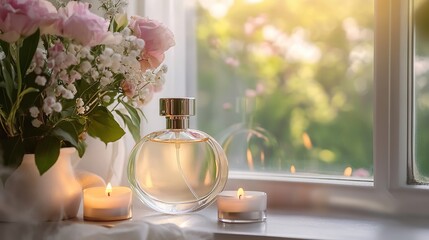  Elegant Perfume Bottle with Flowers and Candles on a Serene Window Sill. Luxurious and Peaceful Setting with Soft Lighting and Aesthetic Ambiance.