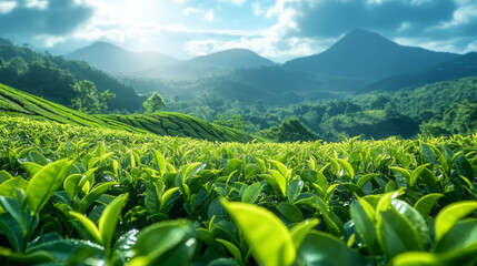 Close-up of tea leaves in the terraced fields of a tea garden in spring