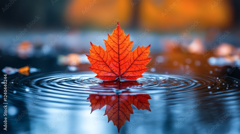 Poster Vivid red maple leaf floats serenely on a still reflective surface capturing a perfect mirror image Soft raindrops fall forming gentle ripples while blurred autumn trees add depth with golden bokeh