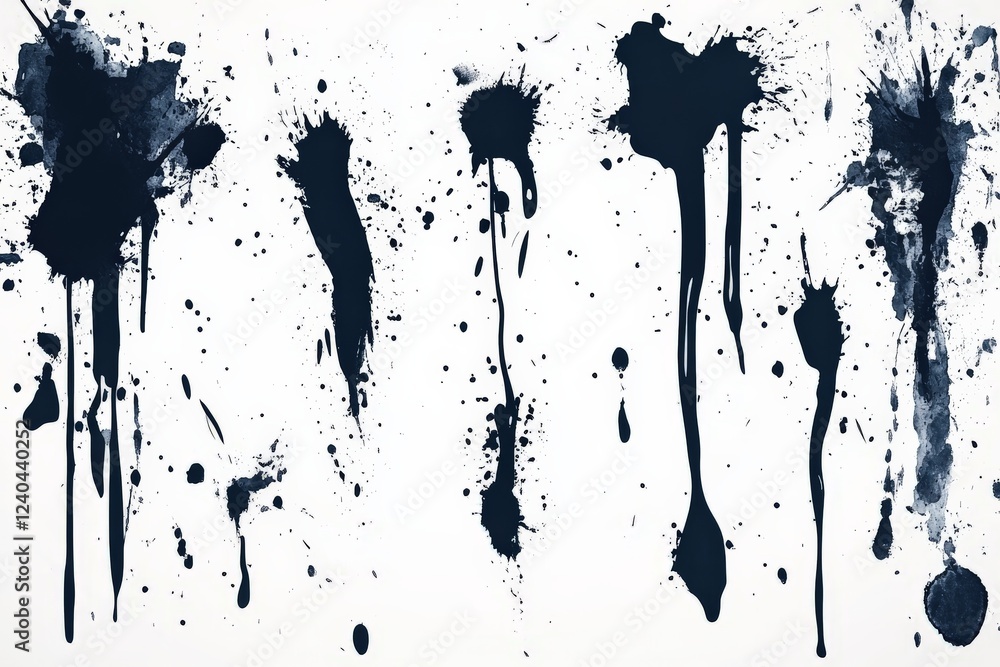 Poster dark ink splatters create an abstract pattern on white canvas during a contemporary art session