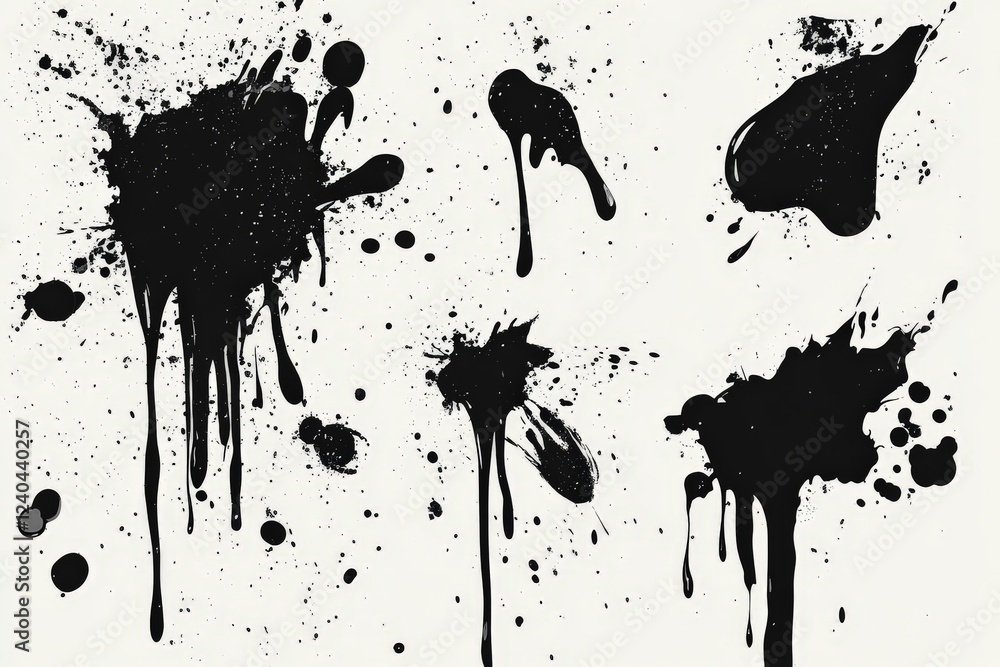 Poster Black paint splatters create an abstract design on a light background with varying shapes and sizes