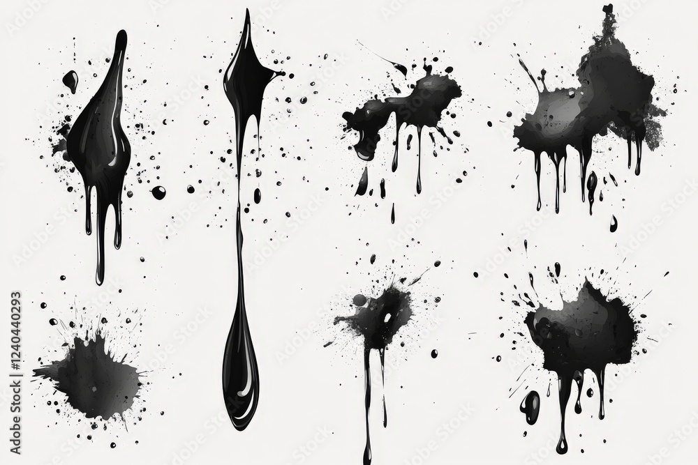 Aufkleber Black paint splatters and drips on a white background creating an abstract artistic composition