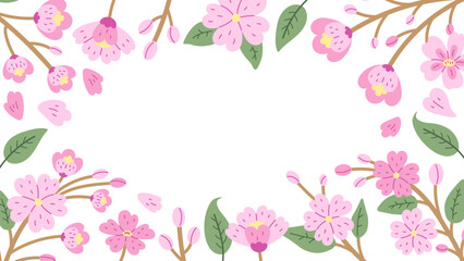 Spring Background with Cherry Blossom. Springtime 1920x1080 ratio frame with pink sakura flowers branches twigs petals leaf. Japanese Hanami template. Vector illustration