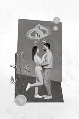 Creative photo 3d collage artwork poster postcard of two successful people dream earn money fly vacation isolated on painting background