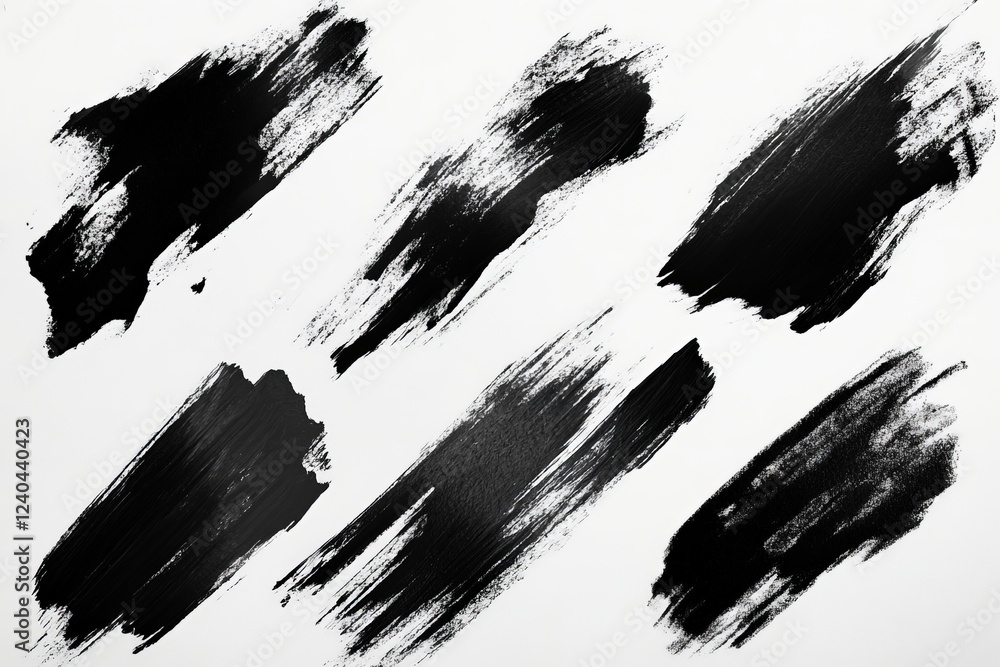 Poster Black brush strokes on white canvas create abstract patterns for artistic expression and design purposes