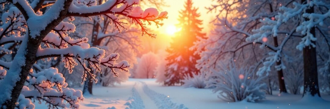 Winter sun casts a warm glow on snow-covered trees, branch, galashiels
